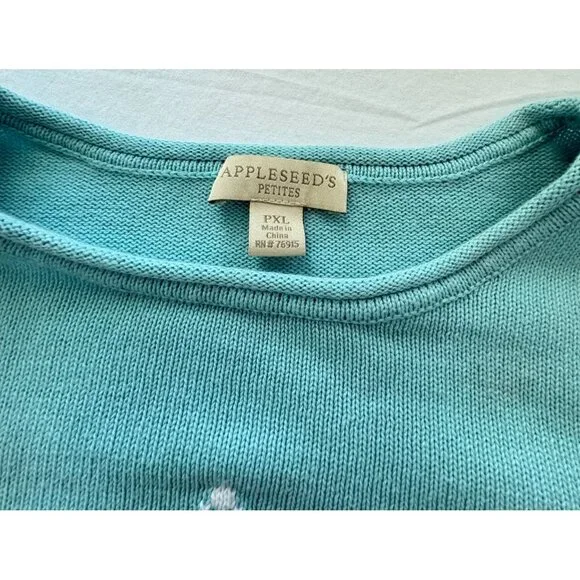 Appleseeds Petites Starfish Sweater Size PXL Turquoise Embroidered Beach Ocean - Picture 3 of 10